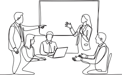 continuous single line drawing of a business meeting with six people, laptop, and whiteboard in a modern office scene