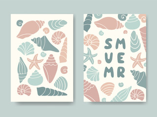 Playful summer cards with pastel sea shells starfish. Beach vibe Background. Flat shapes soft palette. Perfect for banner, social media, poster, kids decor, seasonal branding, invitation, packaging