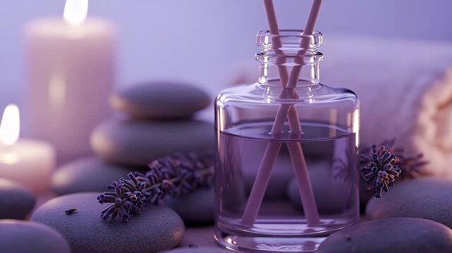 Aromatic Still Life with Reed Diffuser Lavender Flowers Smooth Stones and Burning Candles in Soft Purple Ambience for Spa and Wellness Concept