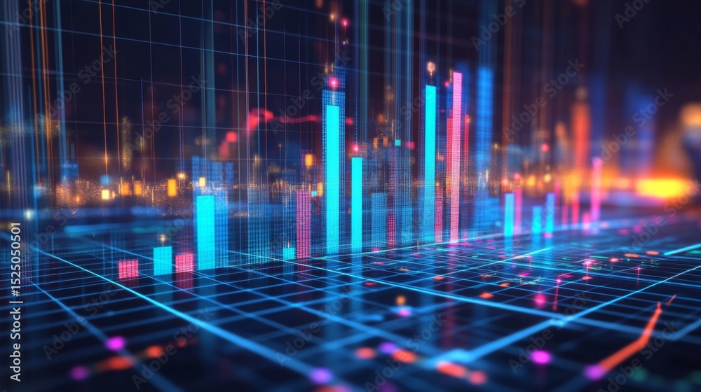Poster A detailed D financial bar graph with rising bars in blue and green tones, set against a modern digital grid background with glowing elements.