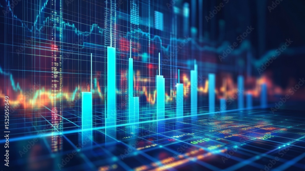 Poster a detailed d financial bar graph with rising bars in blue and green tones, set against a modern digi