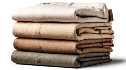 Neatly stacked neutral trousers in gradient hues isolated on a bright background
