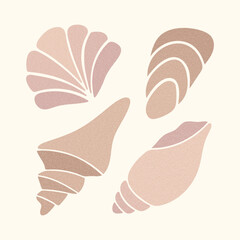 Seashell silhouette set in natural organic shapes. Hand drawn aesthetic shell icons with grainy texture. Ideal for summer prints, beach product, logo, branding, interior decor, summer pattern