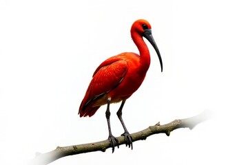 Naklejka premium Scarlet Ibis Perched on Branch - Vibrant Red Bird on White Background