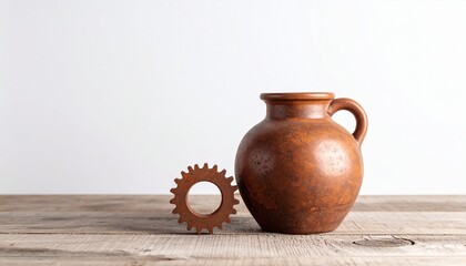 Rustic Brown Clay Jug and Wooden Gear on Wooden Table.