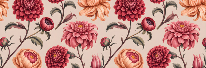 Seamless Vintage Floral Pattern with Burgundy Dahlias, Coral Anemones, and Peach Peonies on Beige Background