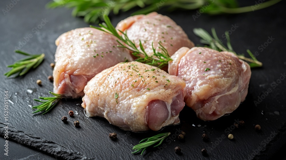 Poster a dramatic shot of raw chicken thighs and drumsticks placed on a dark slate surface, with droplets o