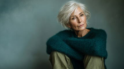 Senior woman with short, gray hair, wearing a teal fuzzy sweater, against a gray background, conveying a sense of quiet contemplation and maturity