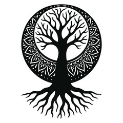 Mandala Tree with Intricate Root Pattern in Circular Design