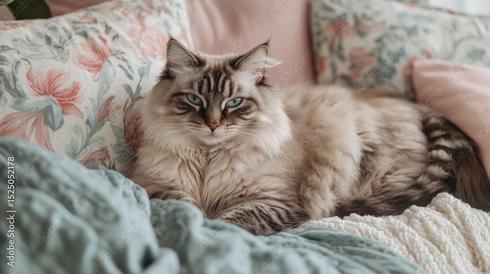 Poster a fat cat with a fluffy coat snoozing on a fluffy pillow, with its ears twitching slightly, surround