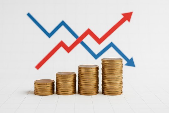 Stacks of Golden Coins Symbolizing Financial Accumulation and Growth with Intersecting Upward and Downward Trend Arrows on a Grid Background