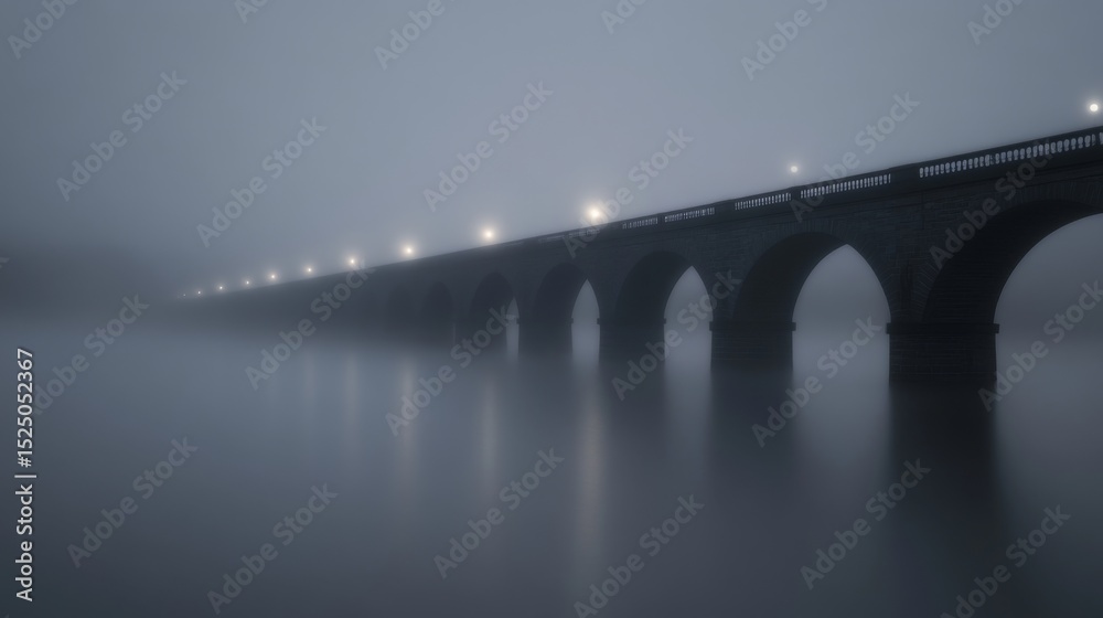 Poster A foggy night scene of a bridge disappearing into mist, with faint lights barely visible, creating an ethereal and mysterious atmosphere