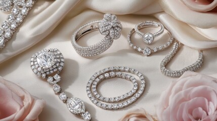 Fototapeta premium A flat lay of assorted diamond jewelry pieces, including rings, bracelets, and pendants, arranged on a stylish fabric backdrop for a luxurious presentation.