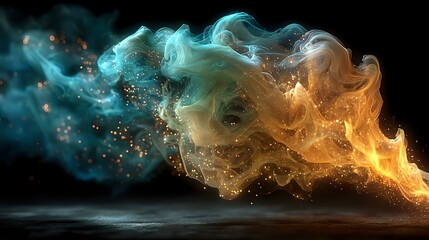 Swirling smoke trails rising against a black background with colored lighting and smooth motion effects