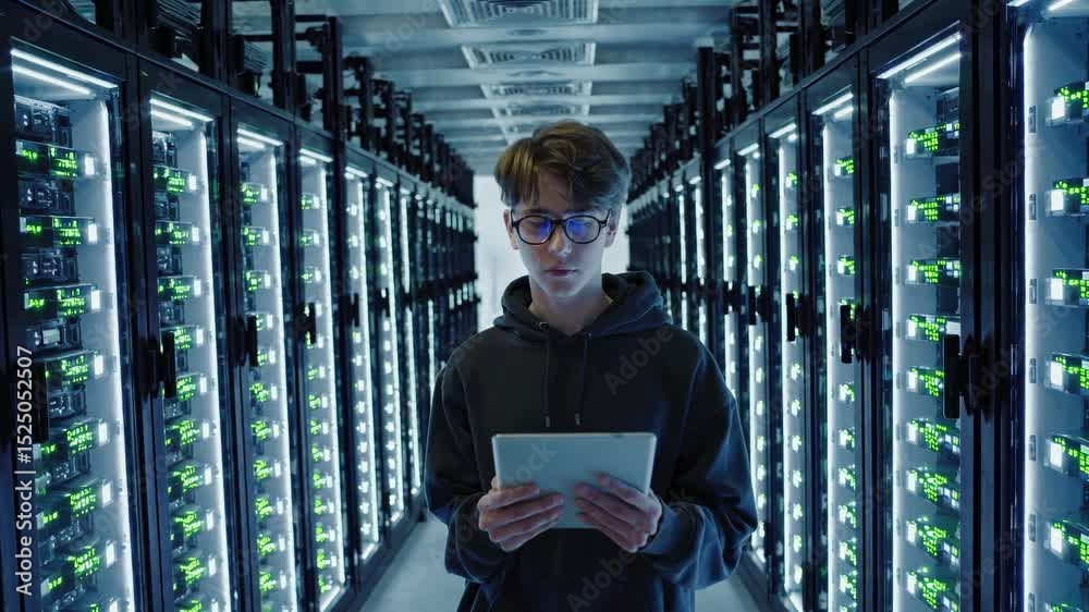 Leinwandbilder Young person explores high-tech data center environment while using tablet for digital management tasks
