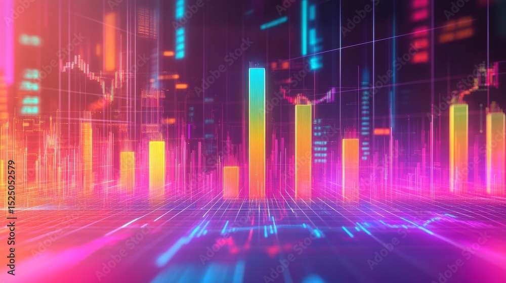 Poster a futuristic financial d bar graph showing rising bars in bright colors, floating against a digital 