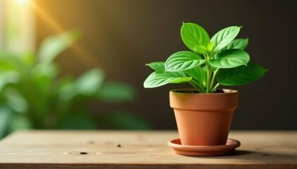 Obraz premium Green plant in terracotta pot on wooden table, still life, design, asset