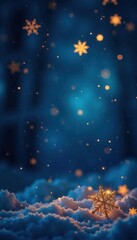 Deep midnight blue backdrop, shimmering golden snowflakes scattered across , glitter, premium quality, shine