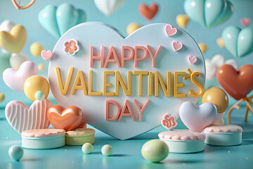 Pastel-toned Valentine's Day greeting with 3D heart-shaped elements and floating decorations