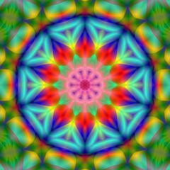 Circular psychedelic kaleidoscope, vibrant rainbow colors, decorative element or abstract design 