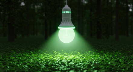 Environmental technology. Sustainable development. Save energy. Recycle reuse. Glowing LED light bulb. Eco friendly. Green nature. Forest floor. Growing plants. Conservation future.