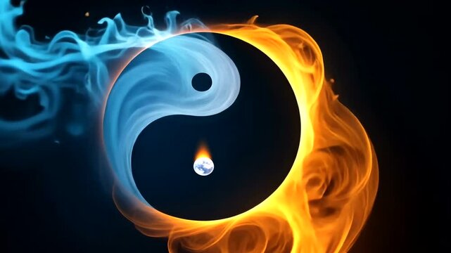 Yin yang symbol with fiery orange flame and a captivating eye design, a harmonious black and white circle illustration for music art