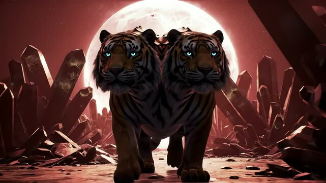 A twoheaded tiger stands amid crystal shards under a large moon