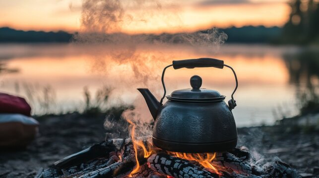 A kettle filled with boiling water resting on a campfire, with smoke rising and surrounding nature in the background, evoking an outdoor adventure vibe