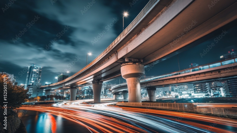 Poster a long exposure shot of a bridge at night, with light trails from passing vehicles creating a stunni