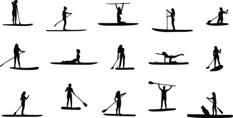 Silhouette Icons of People Engaging in Stand-Up Paddleboarding Activities on Water