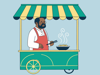 Street vendor cooking delicious noodles in wok under striped awning in flat cartoon style