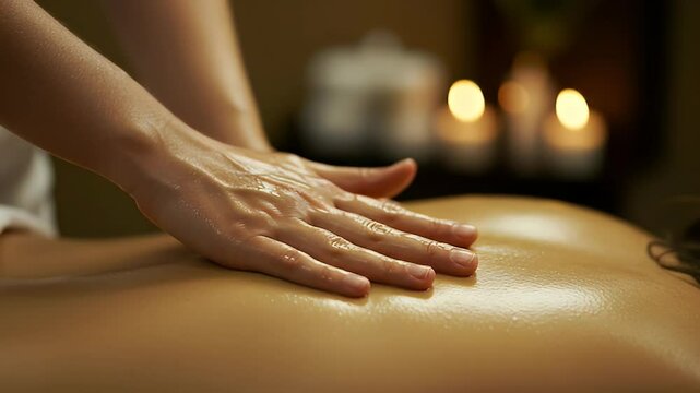 Close Up of Hands Massaging Oiled Back with Warm Golden Light and Candles in the Background for Spa and Wellness Treatment