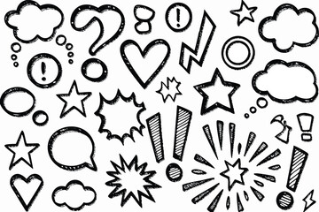 Black and White HandDrawn Doodle Sketch Assortment with Clouds, Stars, and Exclamations Illustrations