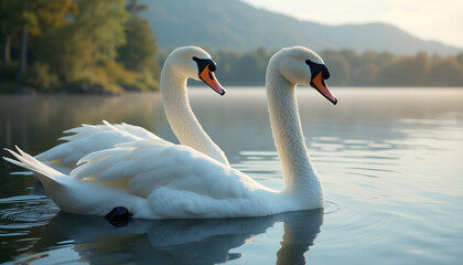 Obraz premium Elegant swans swimming gracefully on calm lake in serene morning light