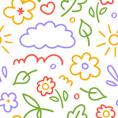 Seamless pattern of cute kids elements. Hand drawn fun childish print. Vector line illustration	