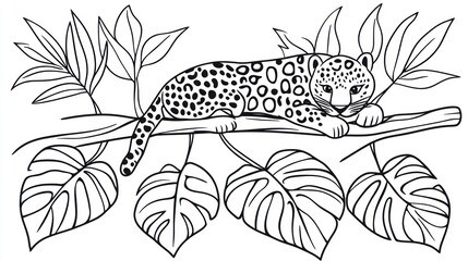 Jungle cat rests on branch, leafy backdrop