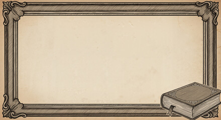 Elegant vintage frame with antique book creates scholarly border for autumn literary events, educational announcements, and academic achievements