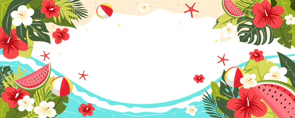 Horizontal summer sale banner with tropical flowers, leaves, watermelon, beach ball, and ocean. Bright vector template for promotion, advertising, or social media