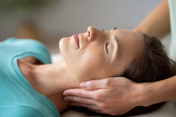 Obraz premium Close-up of a woman receiving neck massage, eyes closed, serene expression, showcasing relaxation and wellness