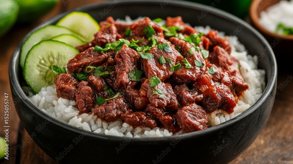 Poster a mouthwatering image of beef rice in a deep bowl, with the beef marinated in a savory sauce, accomp