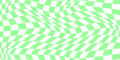 Chequered visual illusion. Distorted chessboard background. Psychedelic pattern with warped black and white squares. Race flag texture. Trippy checkerboard layout. Vector flat illustration