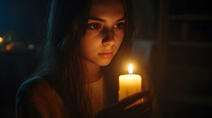A person holding a lighted candle in a dark room with the light illuminating their face softly