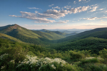 Fototapeta premium breathtaking summer landscape in mountains of vermont featuring lush green hills clear blue skies and wildflowers