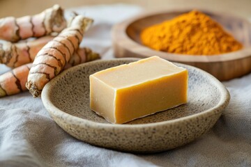 Turmeric soap resting on ceramic soap dish with fresh turmeric root and powder