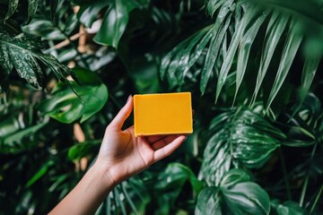 Woman holding organic handmade turmeric soap bar in tropical green leaves background