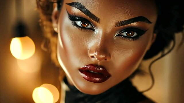 One beautiful brunette woman's face in a closeup studio shot showcases her glamour, eyes, lips, and perfect skin, highlighting her elegant makeup and hair style