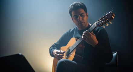 Male guitarist passionately playing classical acoustic guitar on stage under soft spotlight. Musician performing live, blurred background, intimate concert, string instrument, artistic expression.