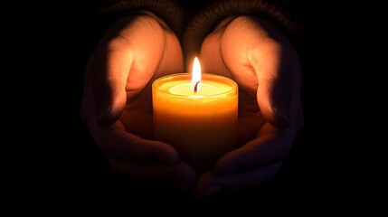 A person holding a lighted candle in a dark room with the light illuminating their face softly