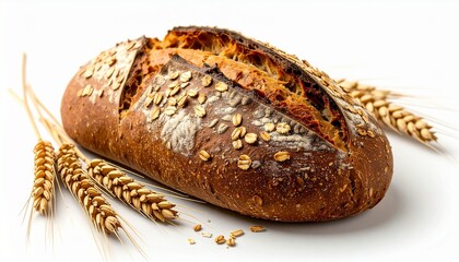 Pain aux céréales entour&eacute; d'&eacute;pis de bl&eacute;, isolé sur fond blanc. Generated image