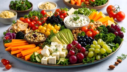 Colorful vegetable and fruit platter with dips and cheese cubes